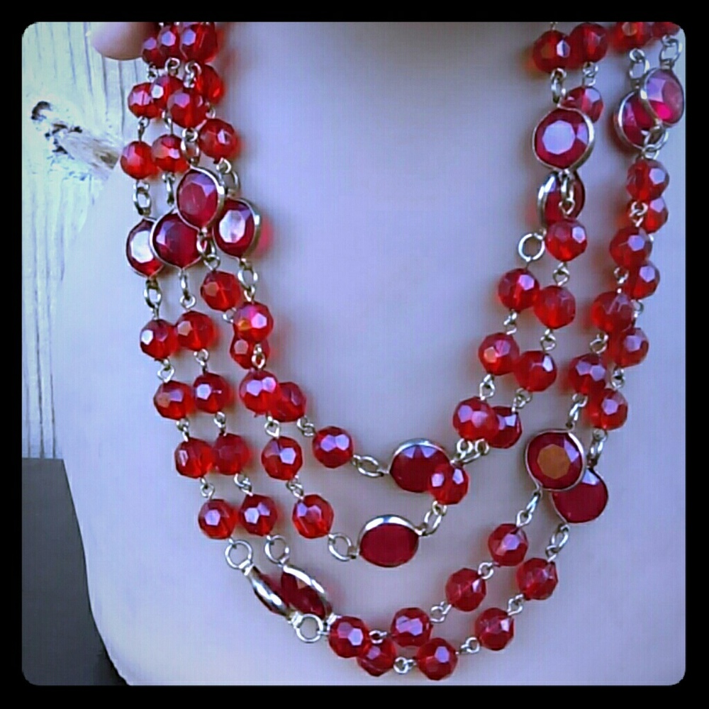 Vintage 74" Red Beaded Flapper Necklace